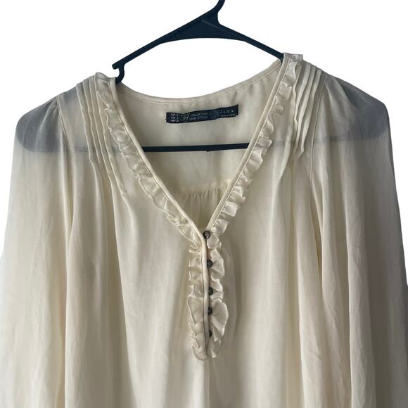 Zara Frf Collection Small Cream Ruffle‎ Coquette Semi Sheer Babydoll Top Cottage - Picture 3 of 9